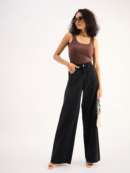 Women Black Seam Detail Wide Leg Jeans