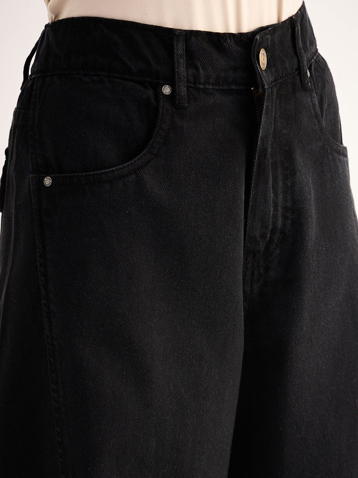 Women Black Seam Detail Wide Leg Jeans