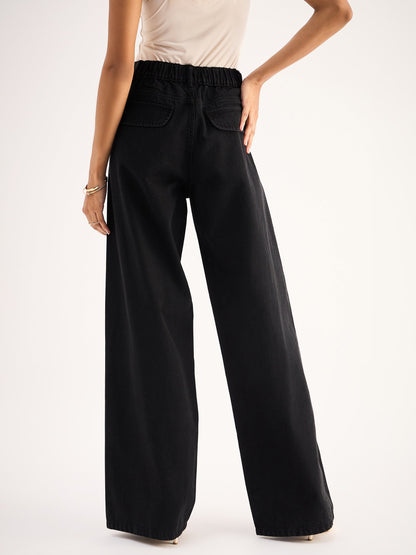 Women Black Seam Detail Wide Leg Jeans