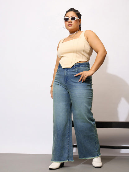 Plus size women's Blue Denim Blue Denim Acid Wash Raw Hem Straight Jeans by Sassafras Curve for wholesale buyers, boutiques, resellers and bulk