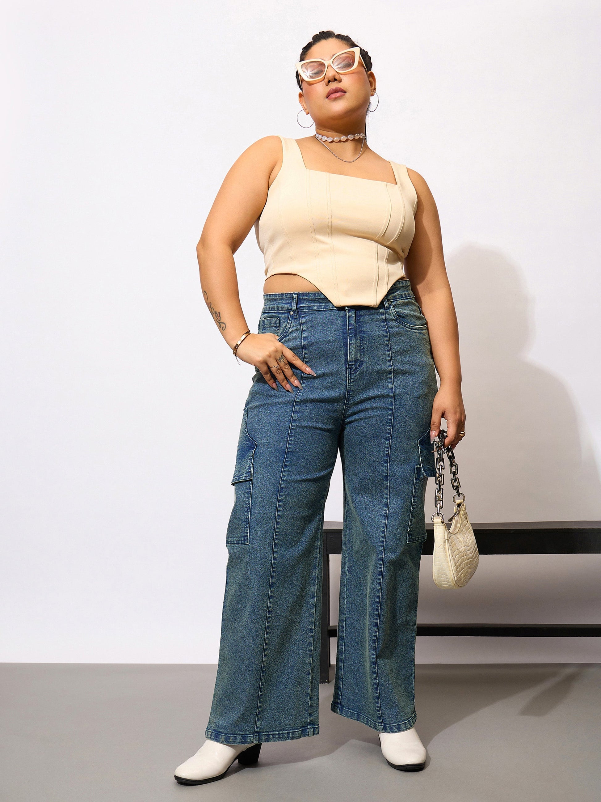 Plus size women's Blue Denim Blue Denim Acid Wash Flap Pocket Cargo Jeans by Sassafras Curve for wholesale buyers, boutiques, resellers and bulk