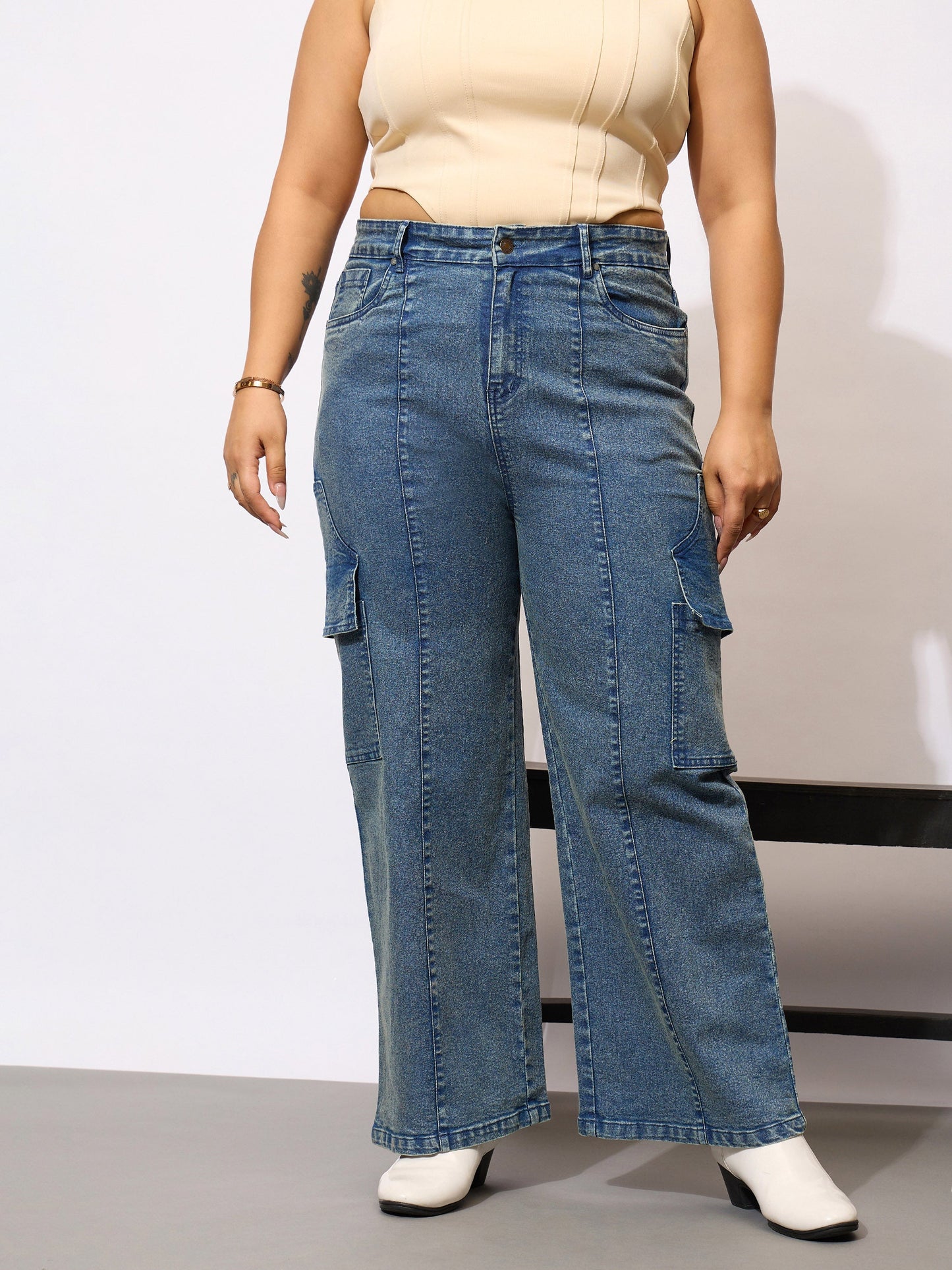 Blue Denim Acid Wash Flap Pocket Cargo Jeans-SASSAFRAS Curve