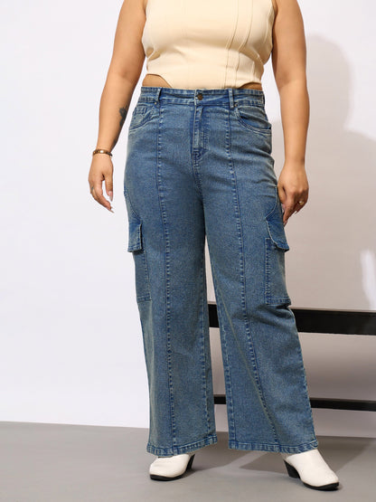 Blue Denim Acid Wash Flap Pocket Cargo Jeans-SASSAFRAS Curve