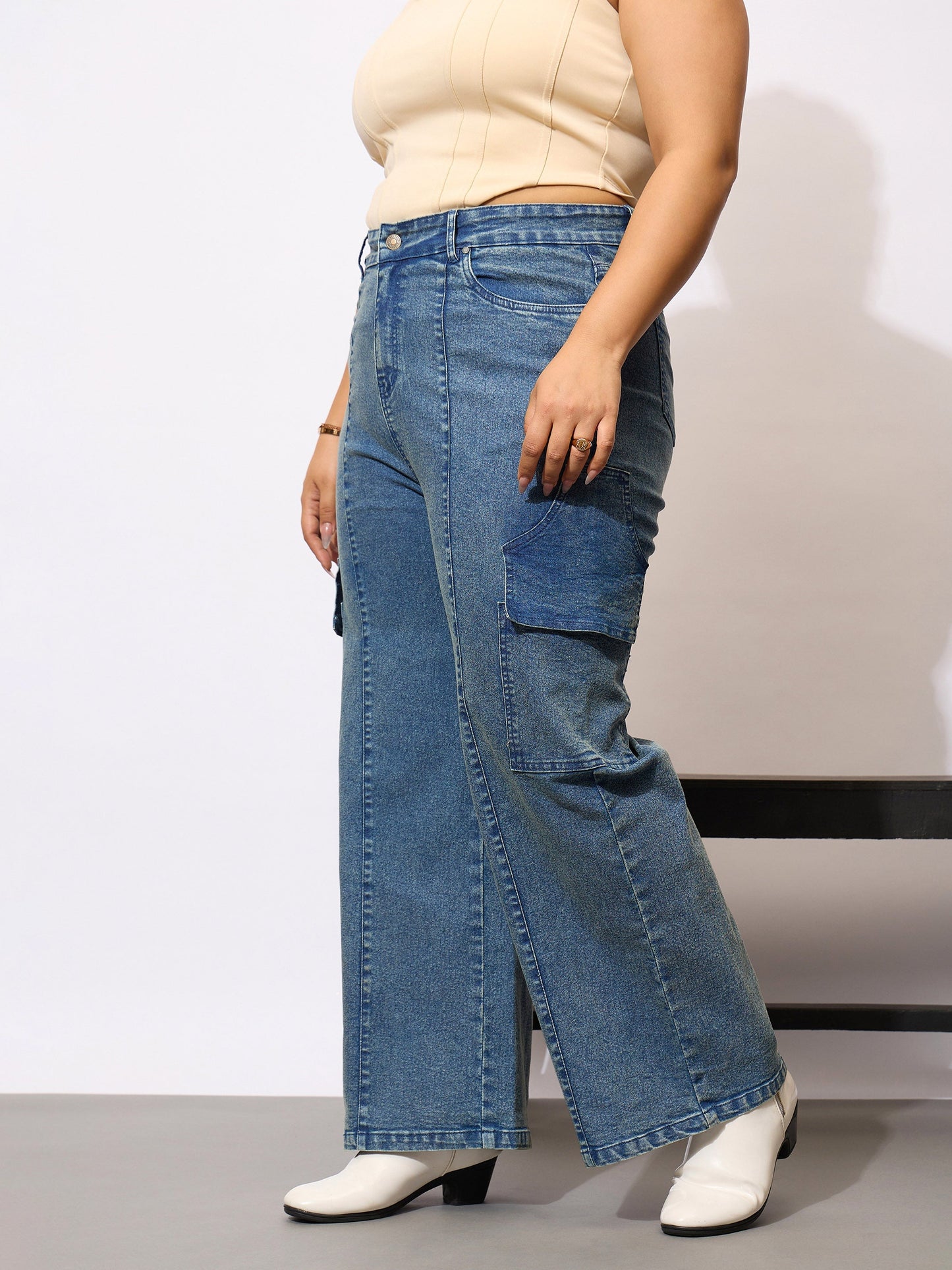 Blue Denim Acid Wash Flap Pocket Cargo Jeans-SASSAFRAS Curve