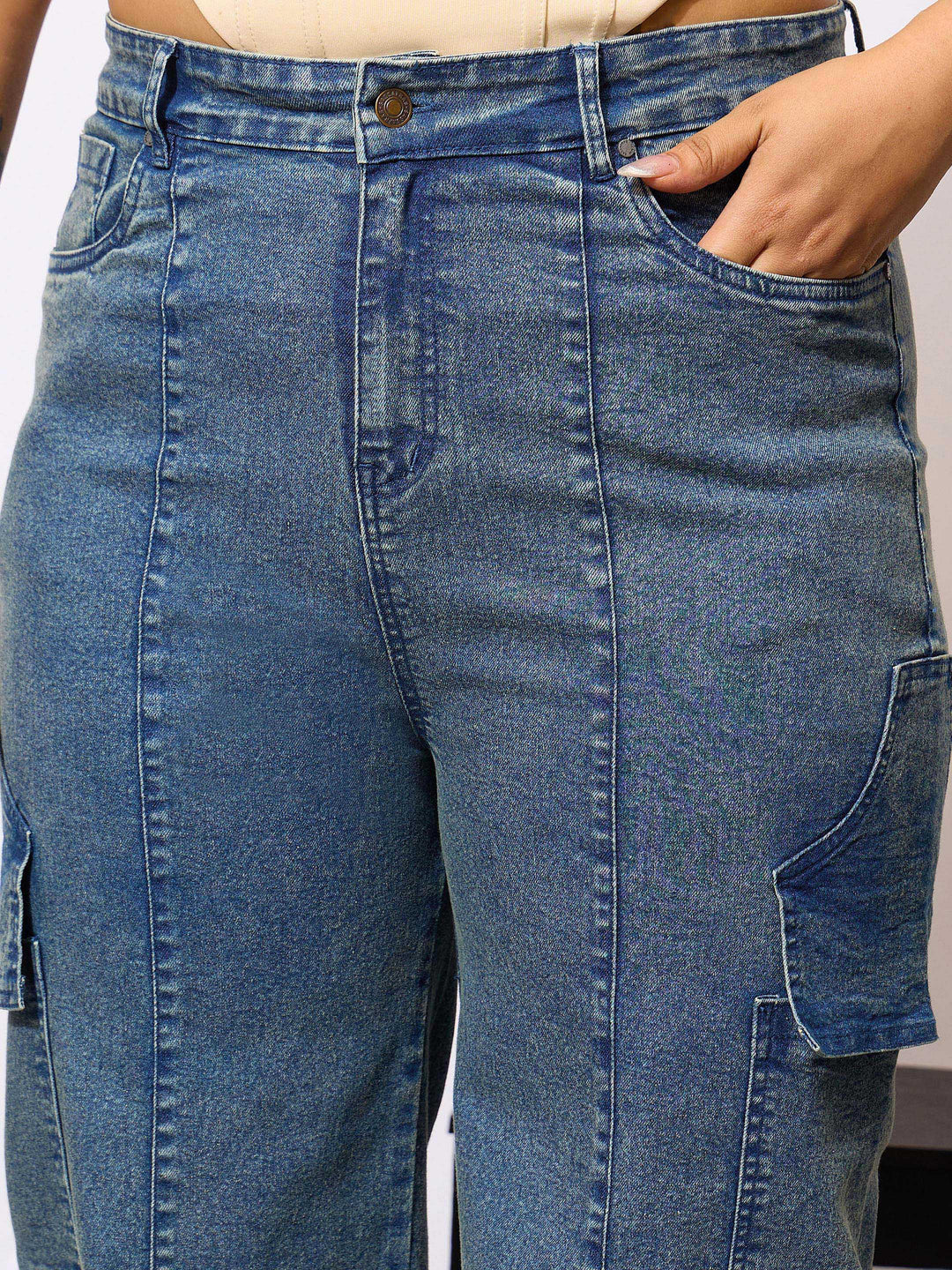 Blue Denim Acid Wash Flap Pocket Cargo Jeans-SASSAFRAS Curve