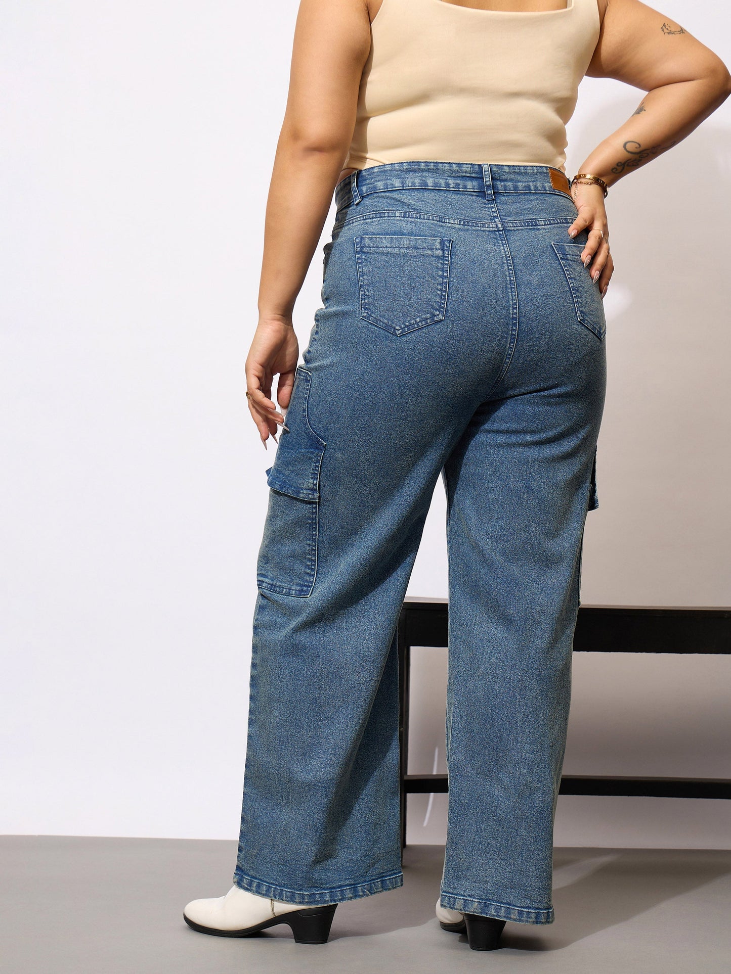 Blue Denim Acid Wash Flap Pocket Cargo Jeans-SASSAFRAS Curve