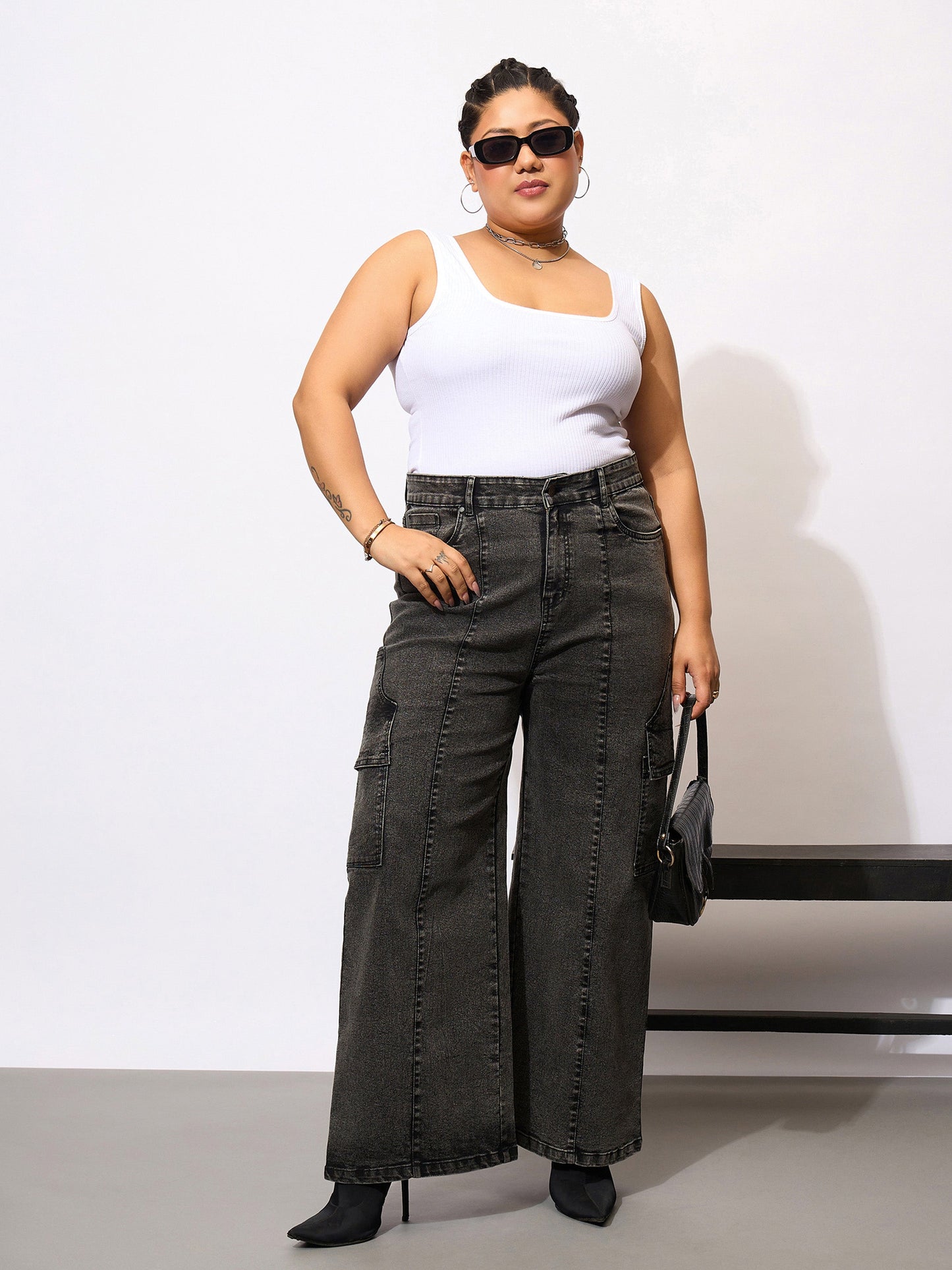 Plus size women's Black Denim Black Denim Acid Wash Flap Pocket Cargo Jeans by Sassafras Curve for wholesale buyers, boutiques, resellers and bulk