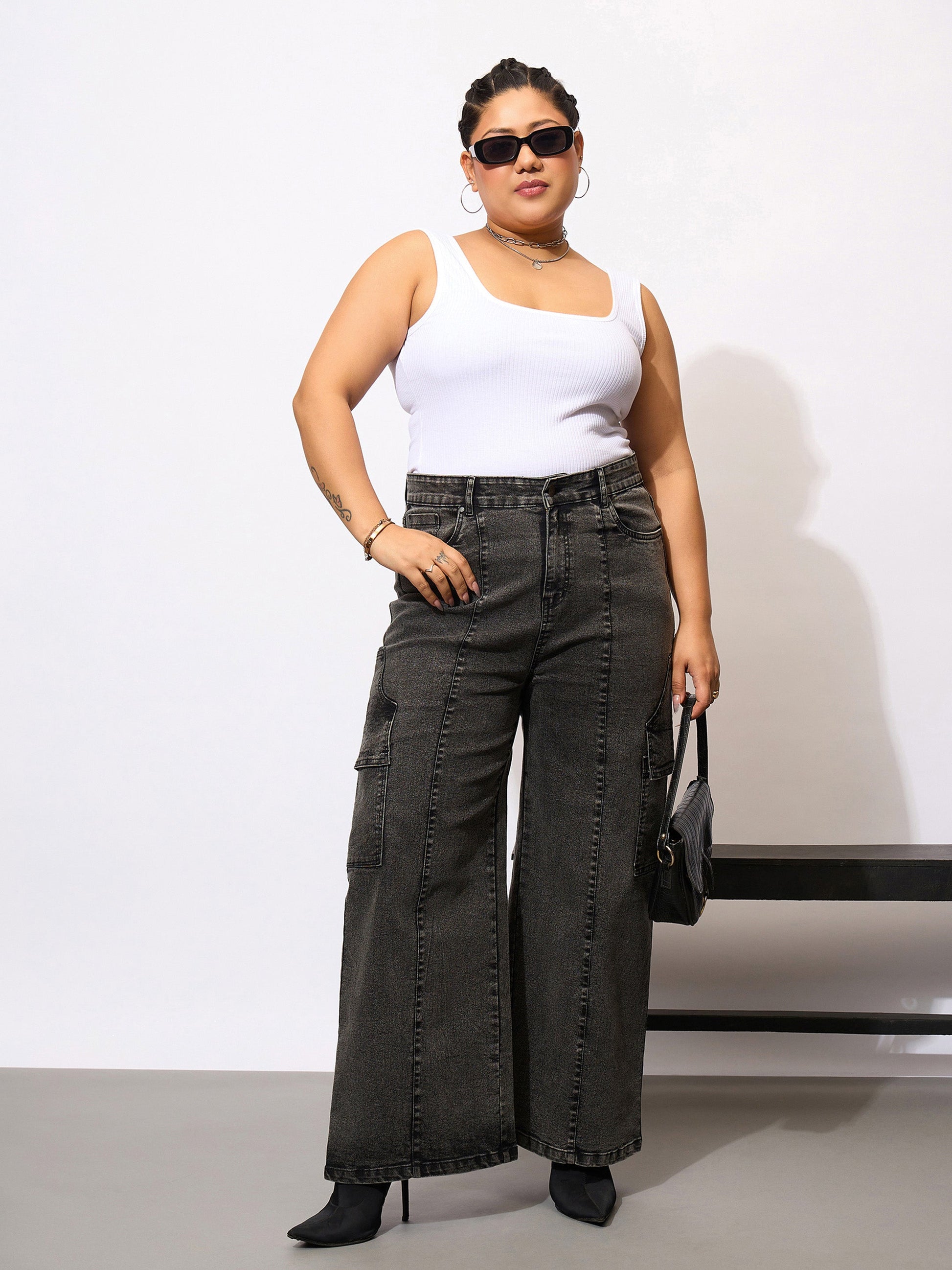 Plus size women's Black Denim Black Denim Acid Wash Flap Pocket Cargo Jeans by Sassafras Curve for wholesale buyers, boutiques, resellers and bulk