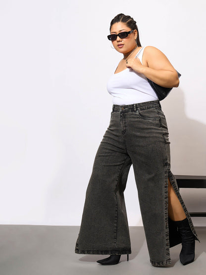 Black Acid Wash Side Slit Straight Jeans