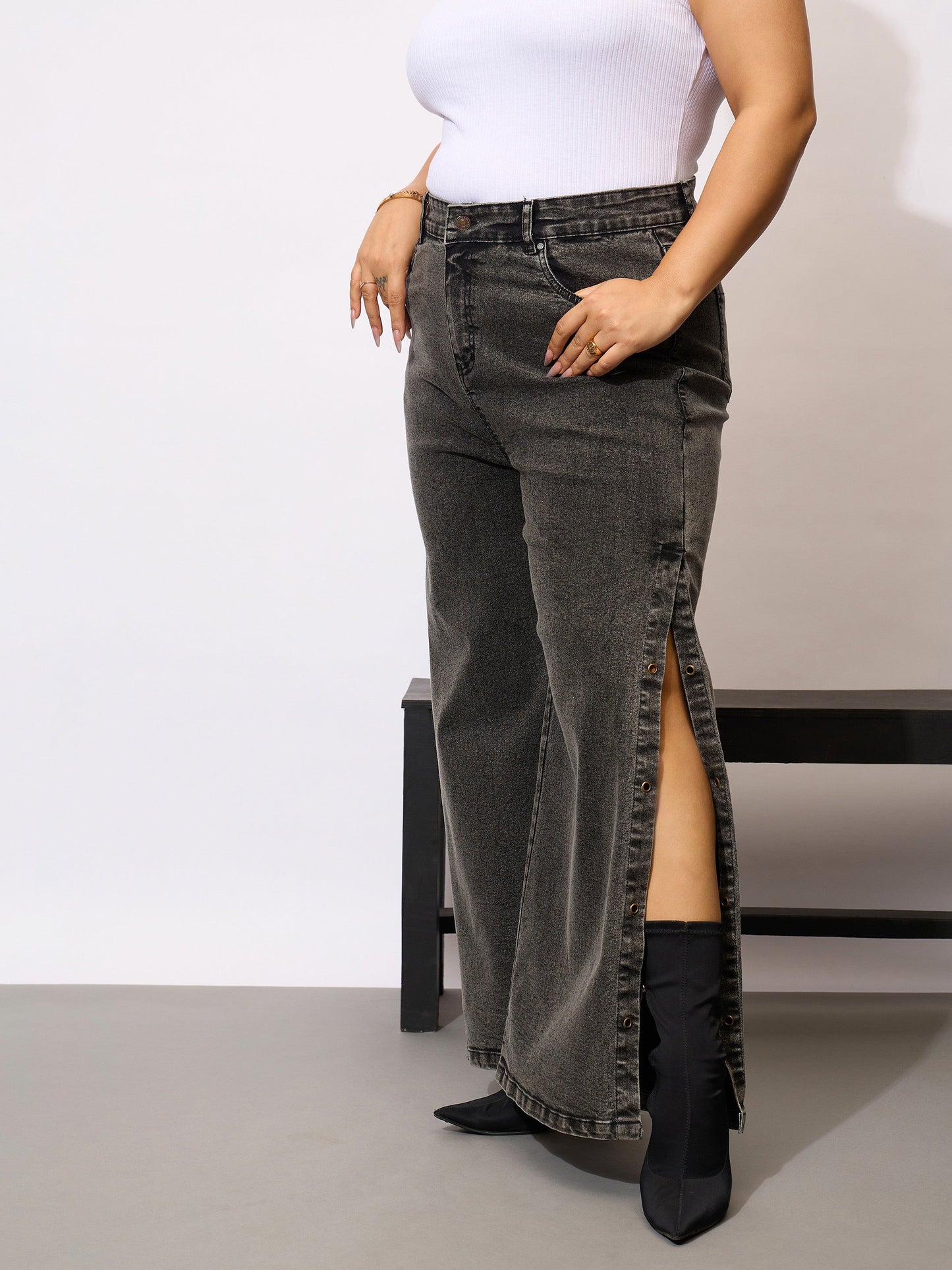 Black Acid Wash Side Slit Straight Jeans