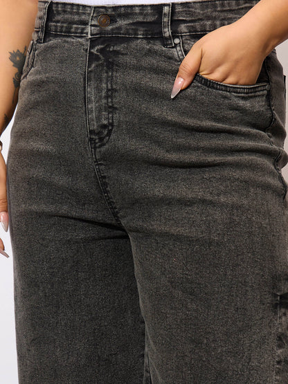Black Acid Wash Side Slit Straight Jeans