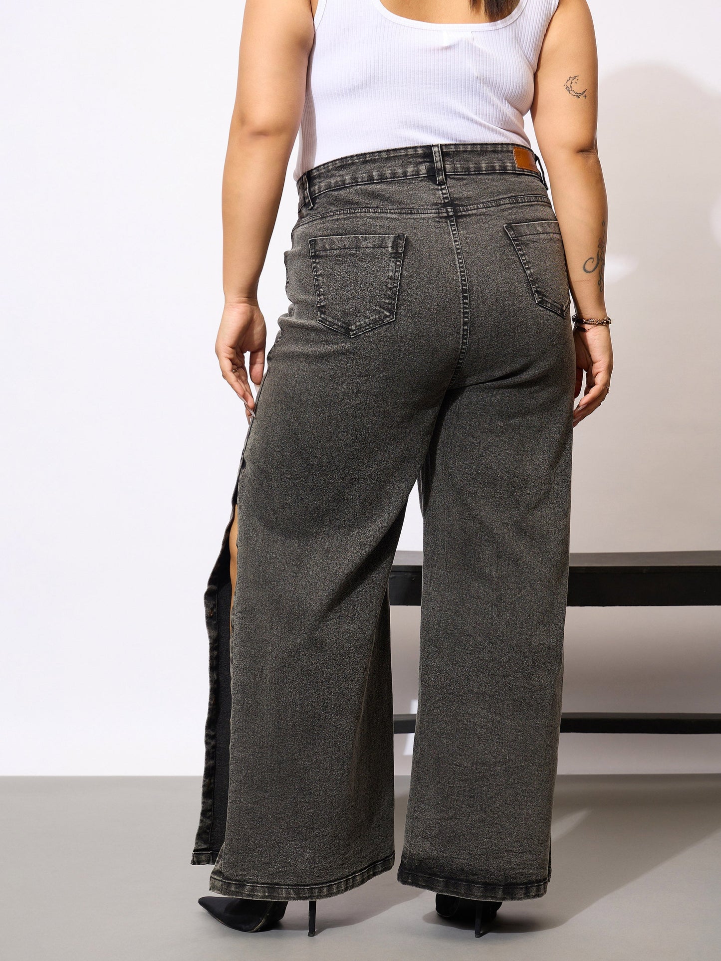 Black Acid Wash Side Slit Straight Jeans