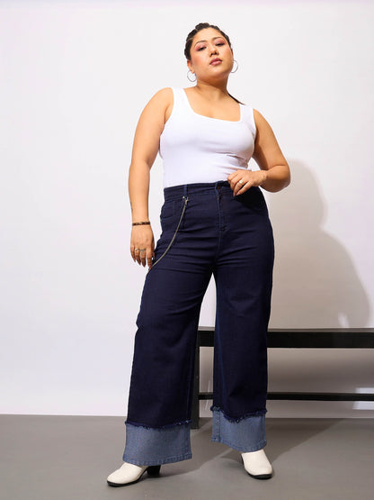 Navy Acid Wash Color Block Straight Jeans