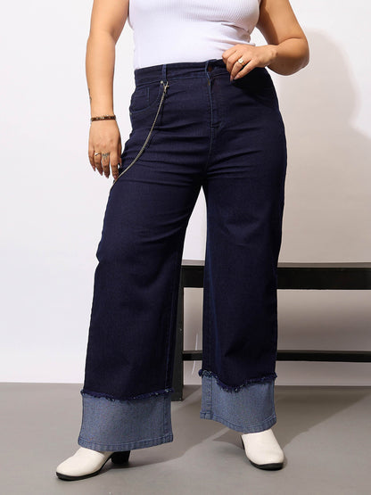 Navy Acid Wash Color Block Straight Jeans