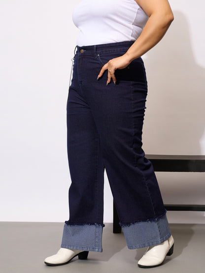 Navy Acid Wash Color Block Straight Jeans