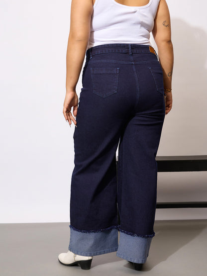 Navy Acid Wash Color Block Straight Jeans