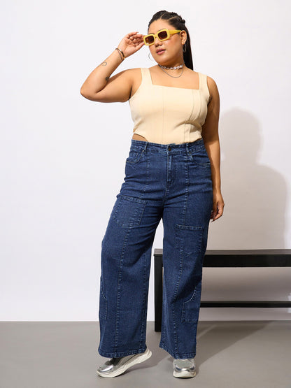 Blue Acid Wash Hem Pocket Straight Jeans