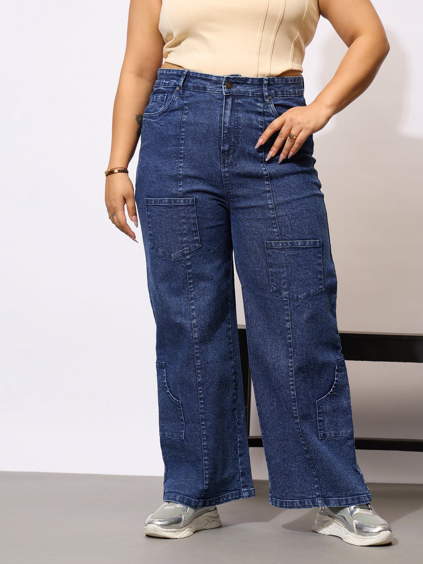 Blue Acid Wash Hem Pocket Straight Jeans