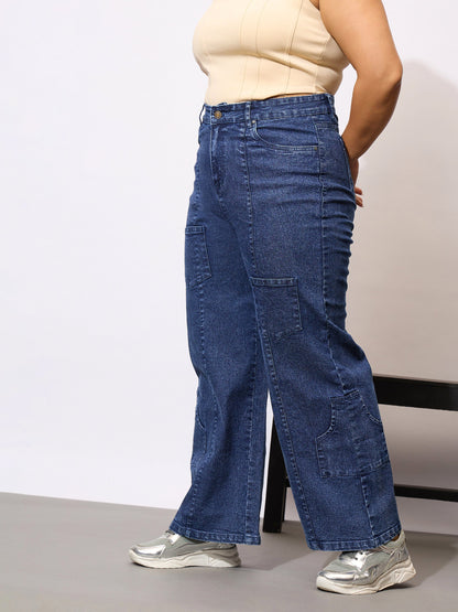 Blue Acid Wash Hem Pocket Straight Jeans