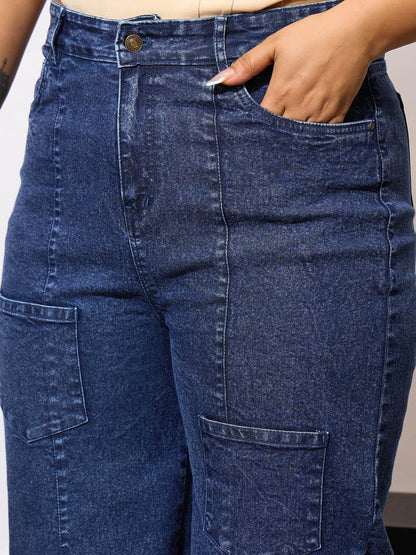 Blue Acid Wash Hem Pocket Straight Jeans