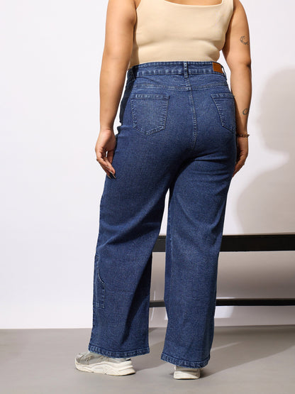 Blue Acid Wash Hem Pocket Straight Jeans
