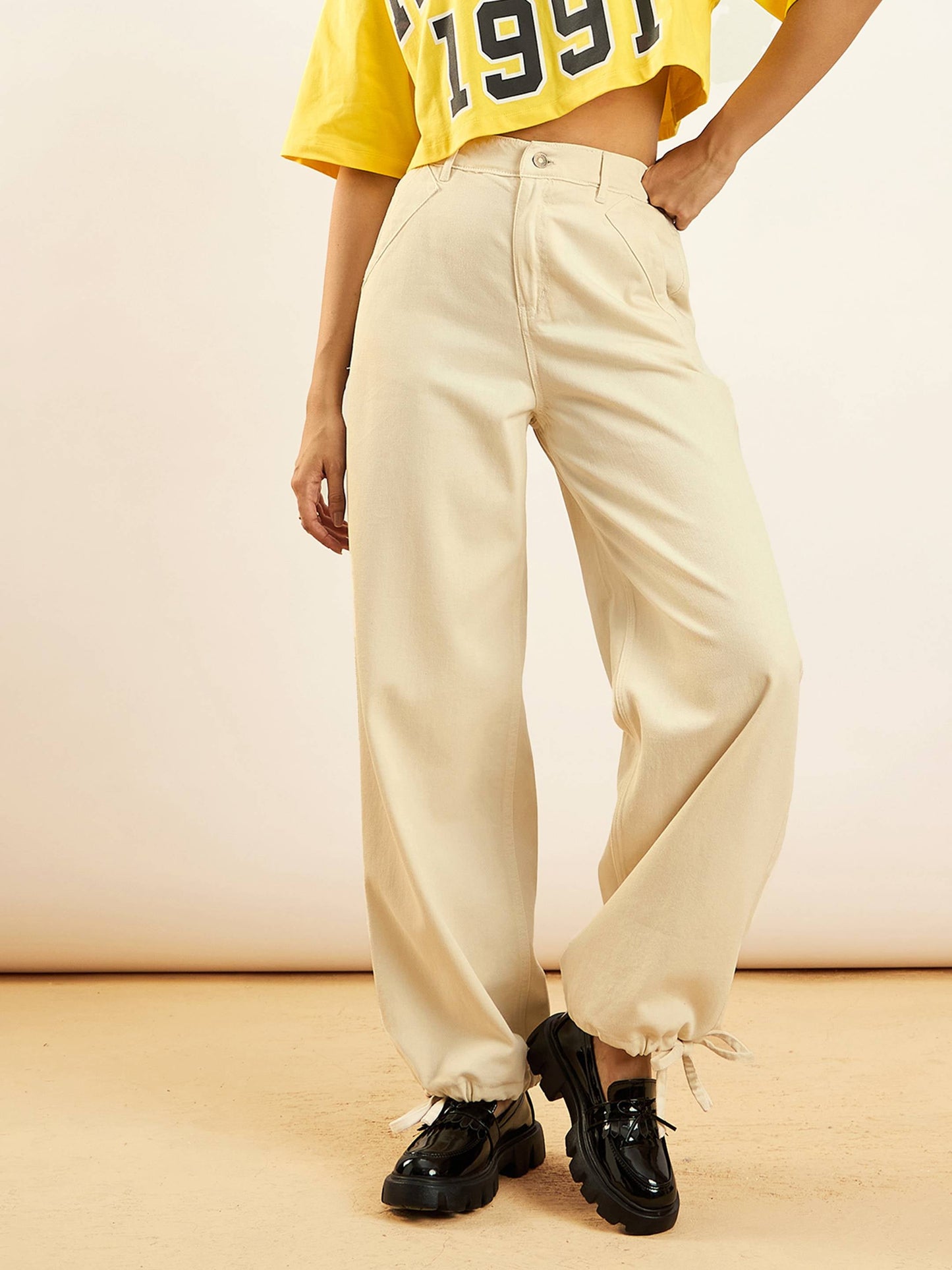 Beige Hem Drawstring Detail Jogger Jeans