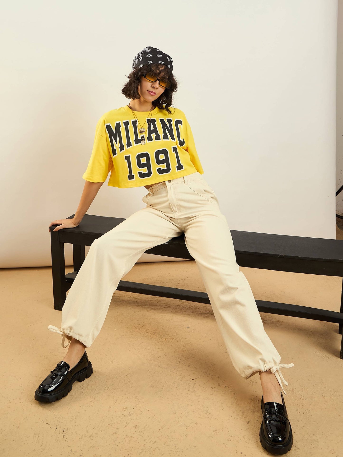 Beige Hem Drawstring Detail Jogger Jeans