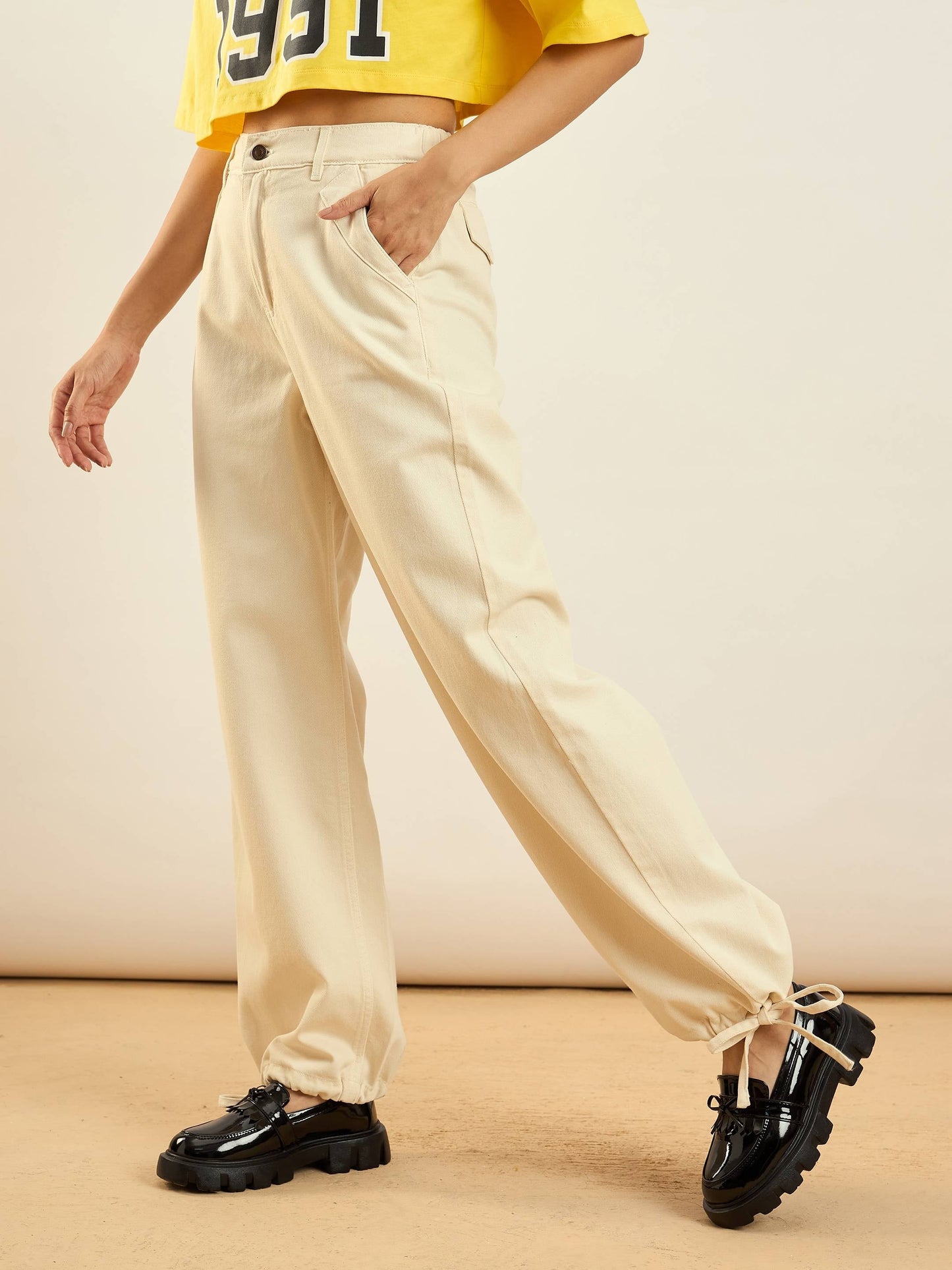 Beige Hem Drawstring Detail Jogger Jeans