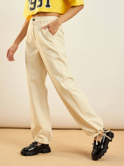 Beige Hem Drawstring Detail Jogger Jeans