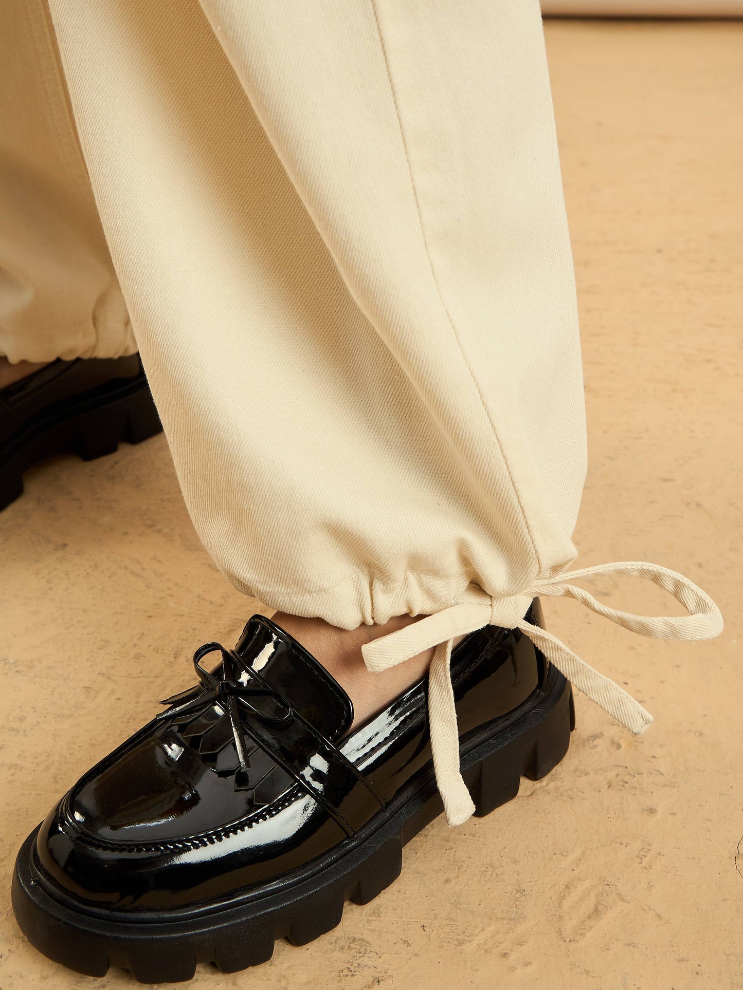 Beige Hem Drawstring Detail Jogger Jeans