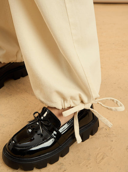 Beige Hem Drawstring Detail Jogger Jeans