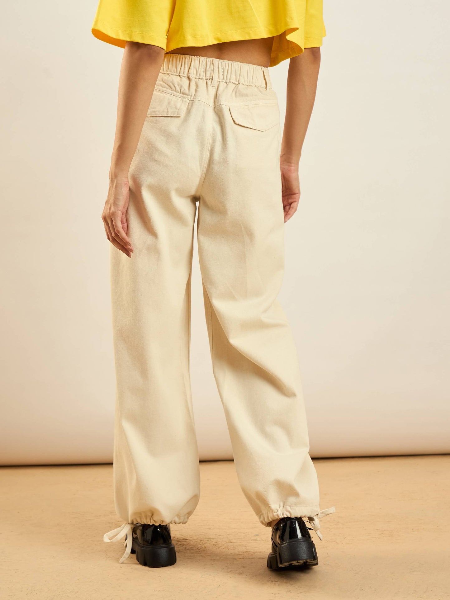 Beige Hem Drawstring Detail Jogger Jeans
