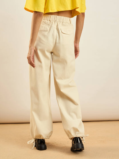 Beige Hem Drawstring Detail Jogger Jeans