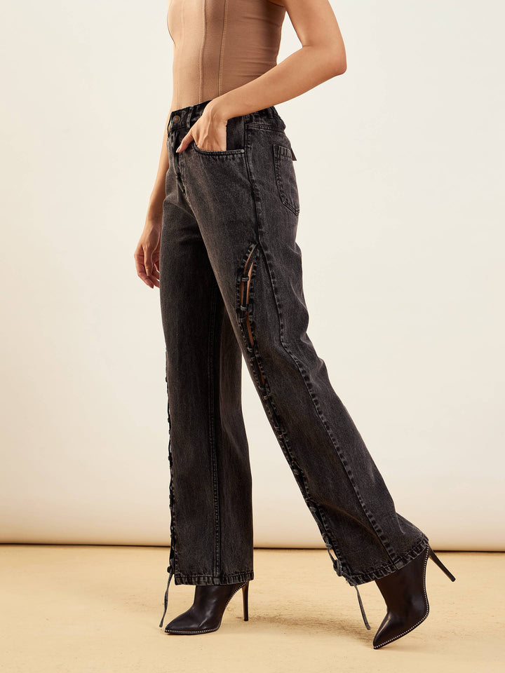 Women Black Washed Dori Insert Detail Straight Fit Jeans
