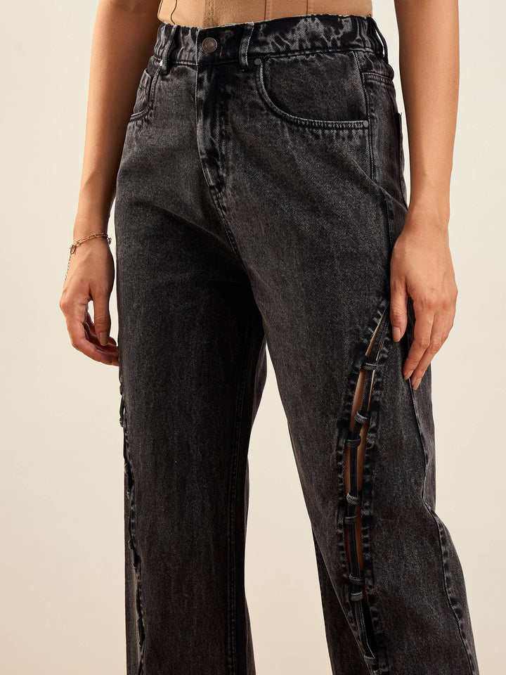 Women Black Washed Dori Insert Detail Straight Fit Jeans