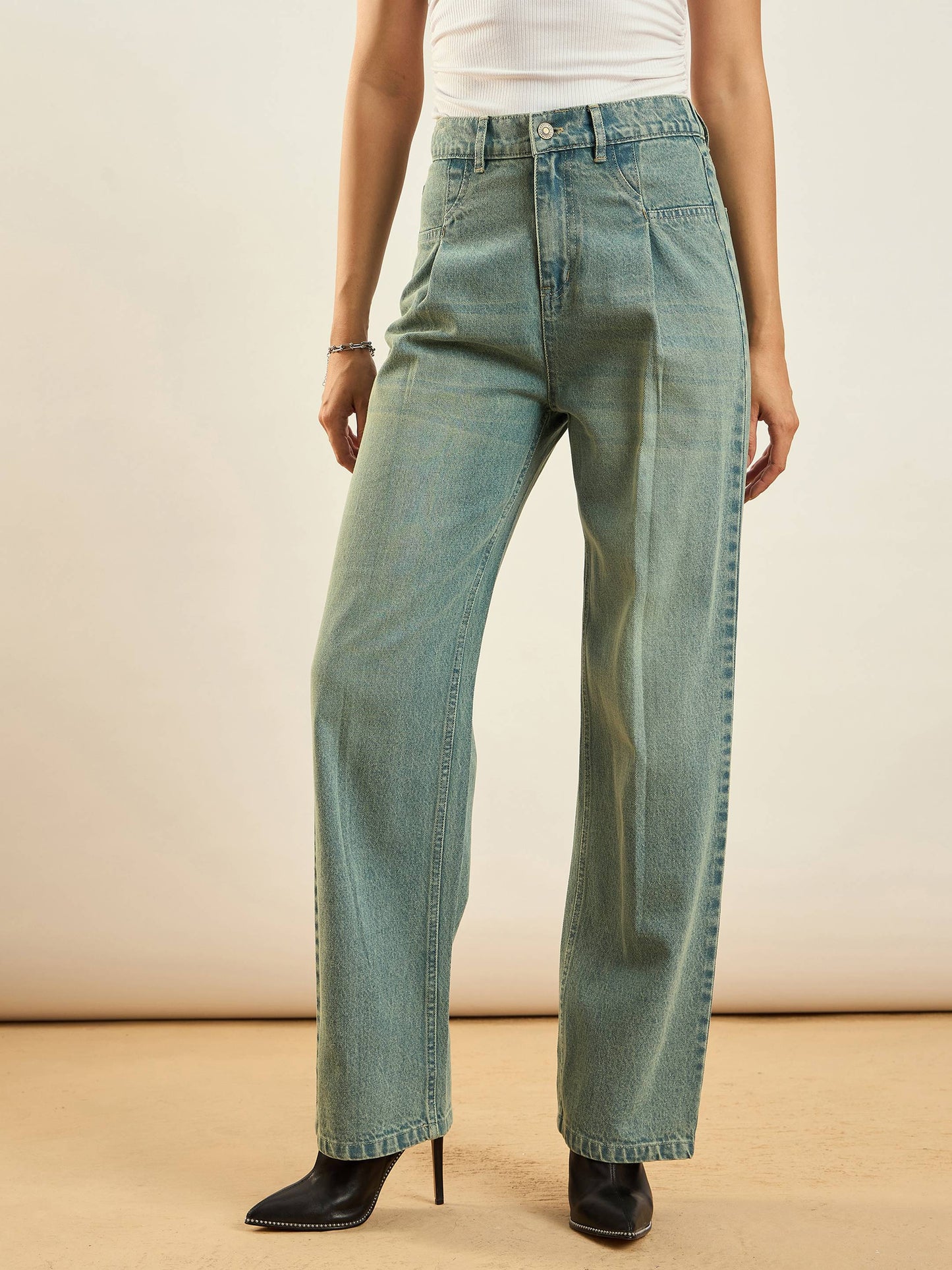 Green Washed Front Darted Straight Fit Jeans