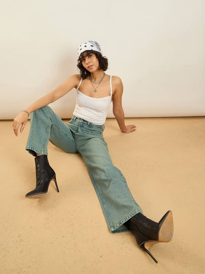 Green Washed Front Darted Straight Fit Jeans