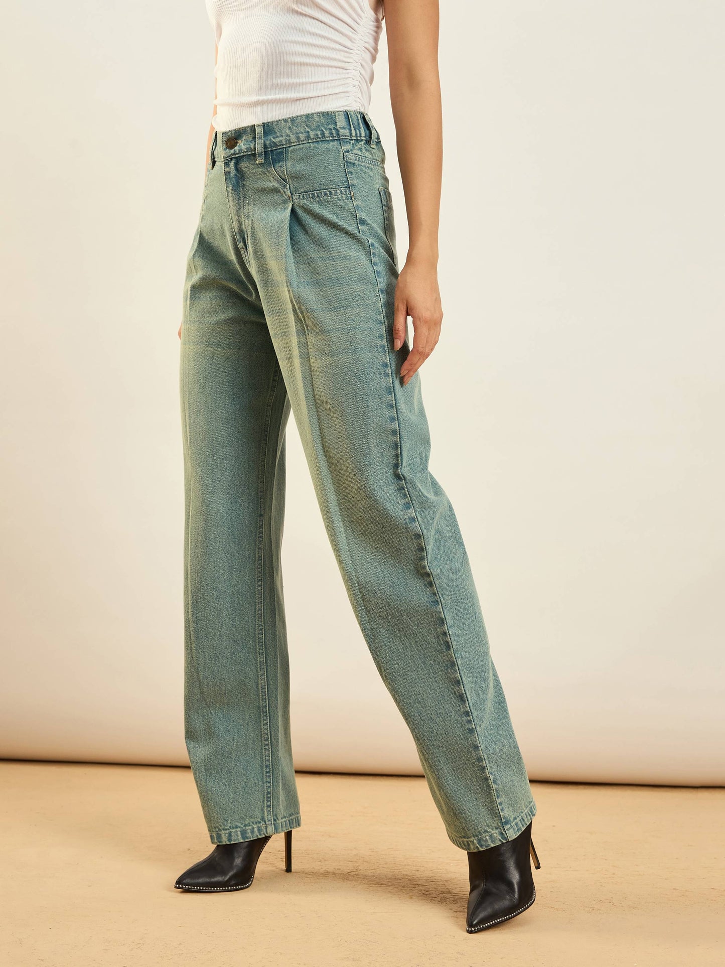 Green Washed Front Darted Straight Fit Jeans
