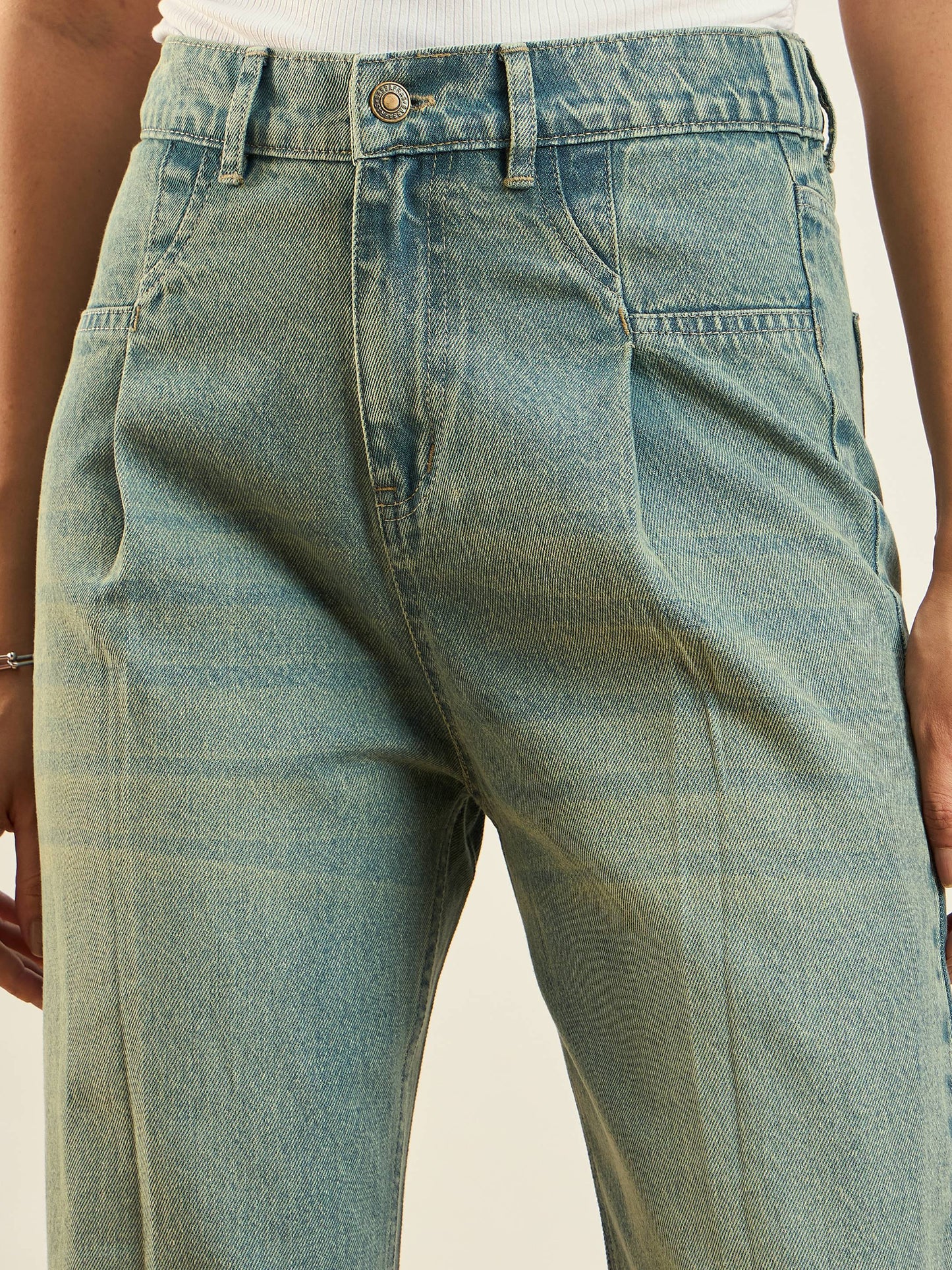 Green Washed Front Darted Straight Fit Jeans
