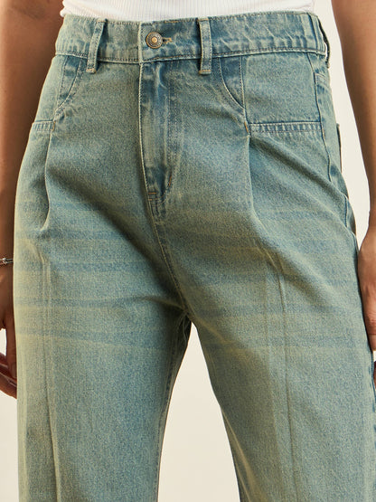 Green Washed Front Darted Straight Fit Jeans