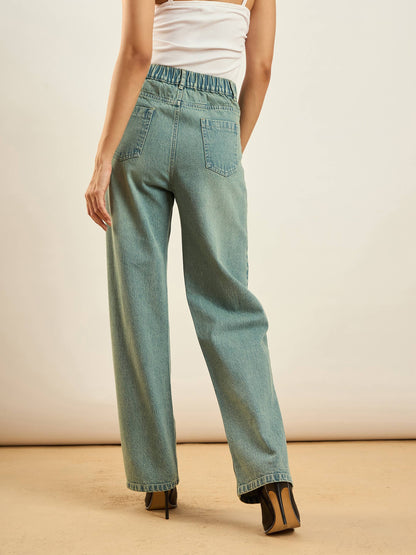 Green Washed Front Darted Straight Fit Jeans