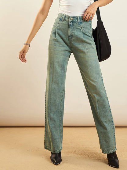 Green Washed Front Darted Straight Fit Jeans