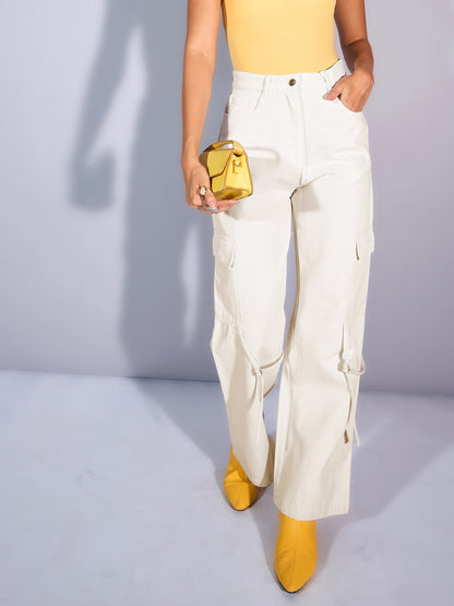 White Twill Looped Straps Cargo Jeans