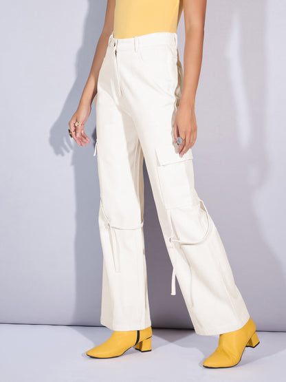 White Twill Looped Straps Cargo Jeans