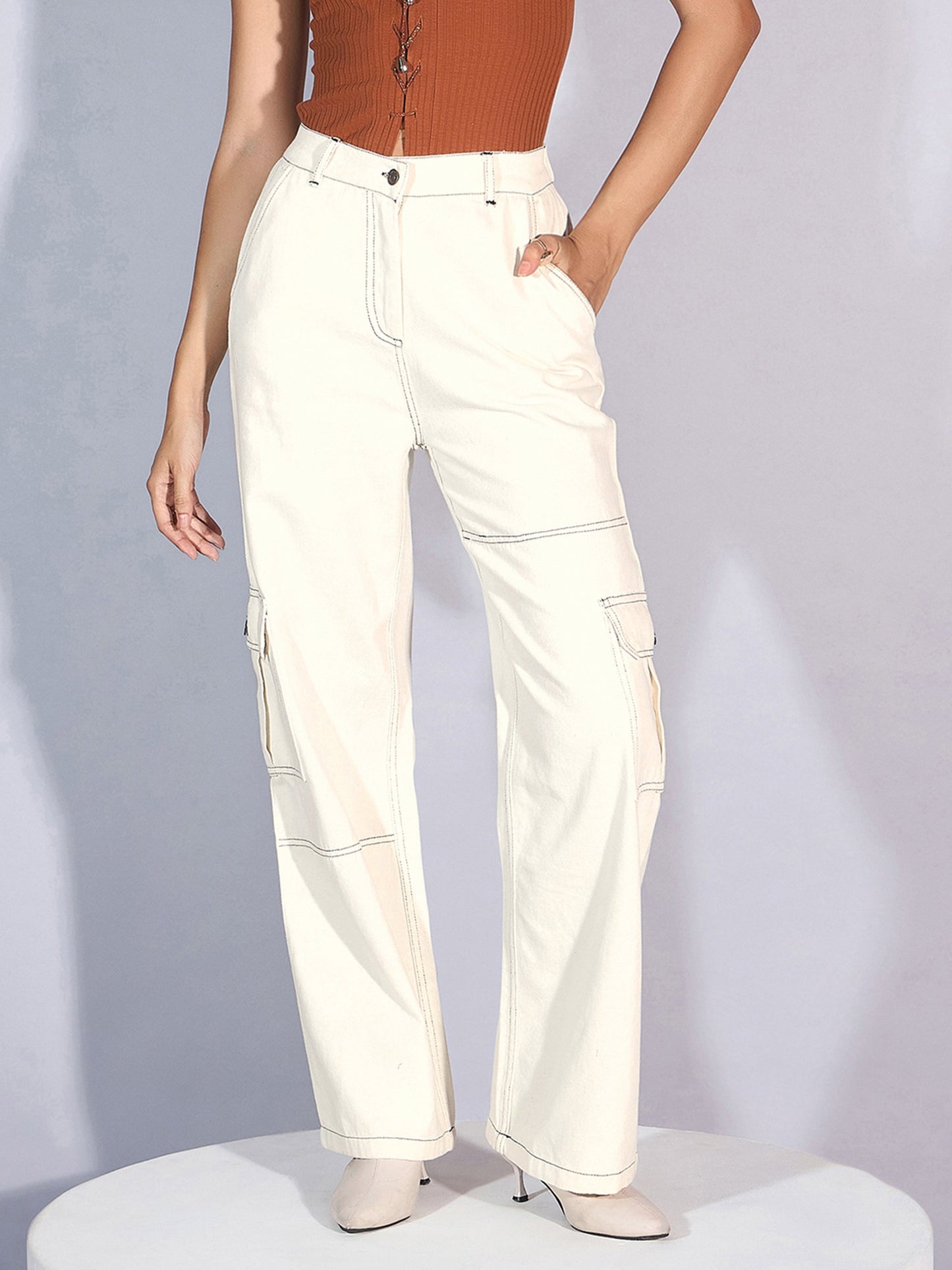 White Twill Contrast Stitch Cargo Jeans