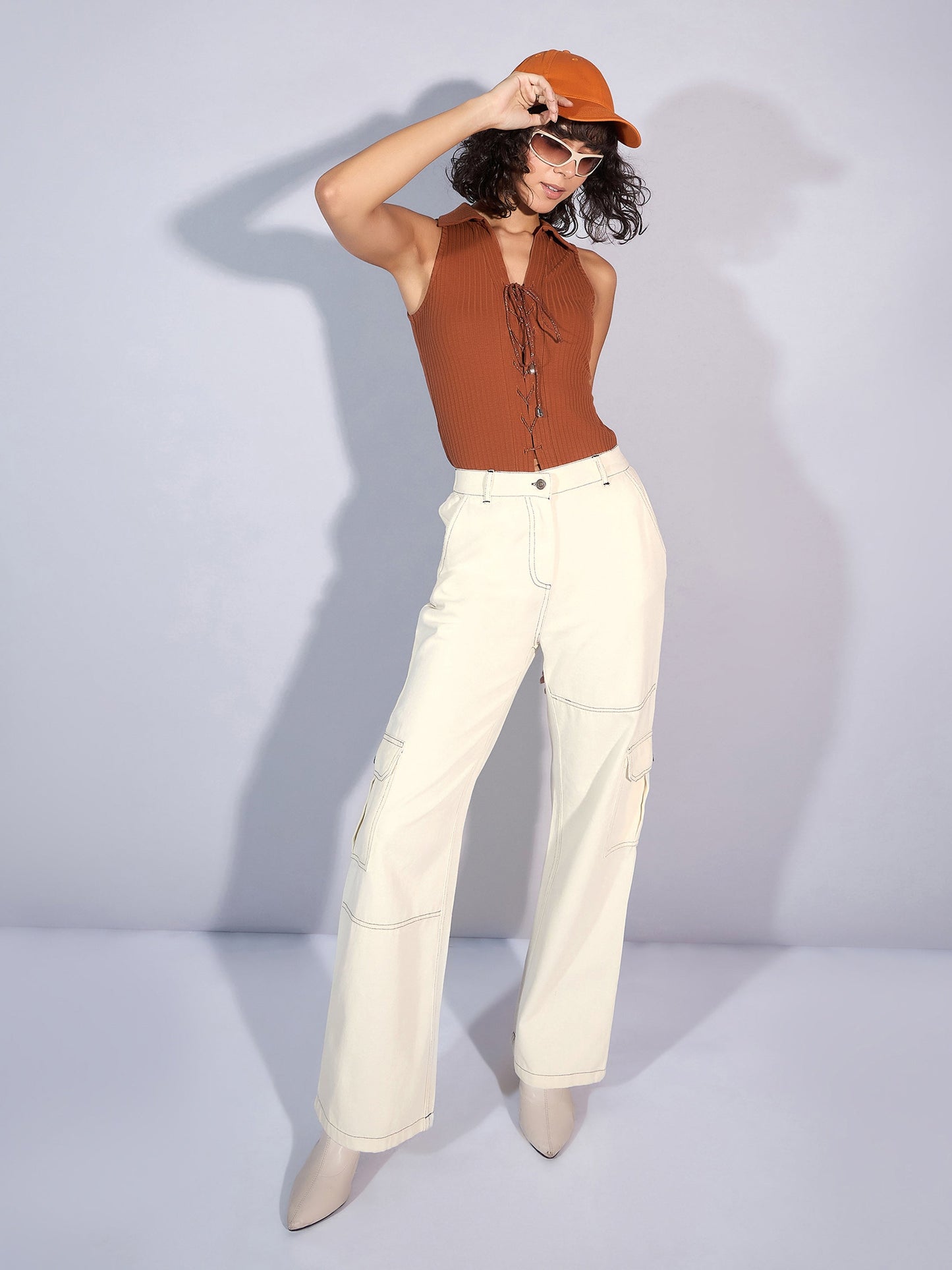 White Twill Contrast Stitch Cargo Jeans
