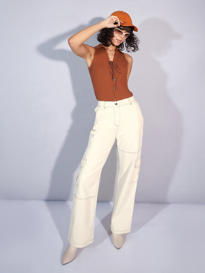 White Twill Contrast Stitch Cargo Jeans