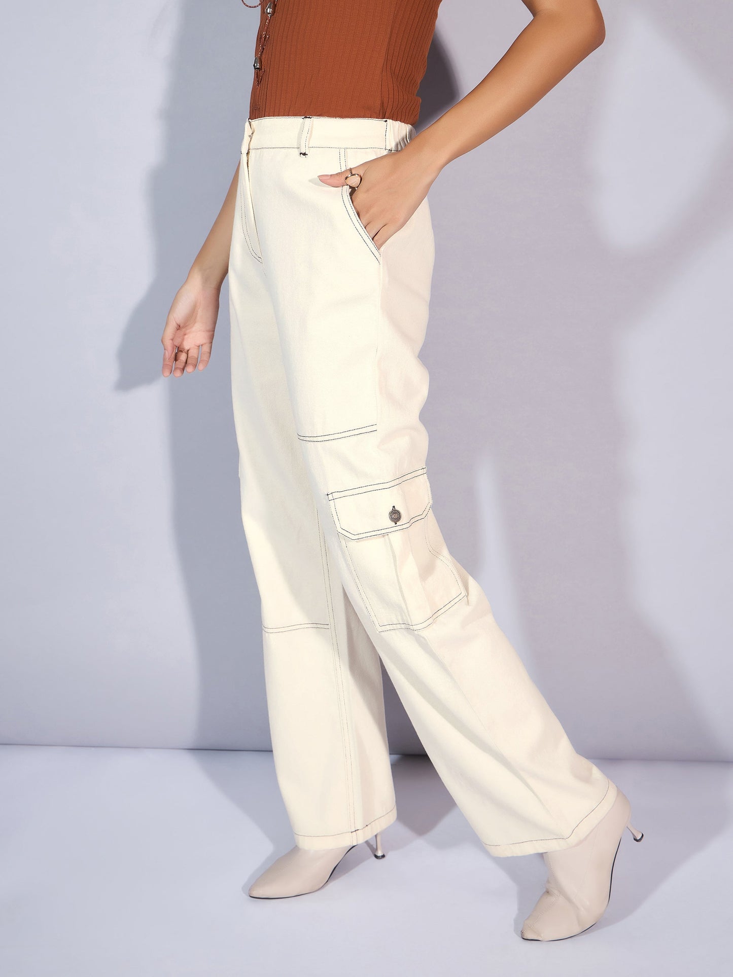 White Twill Contrast Stitch Cargo Jeans