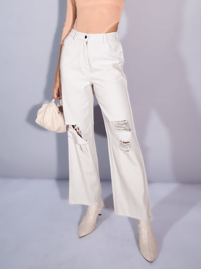 White Twill Distress Frayed Hem Jeans