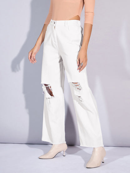 White Twill Distress Frayed Hem Jeans